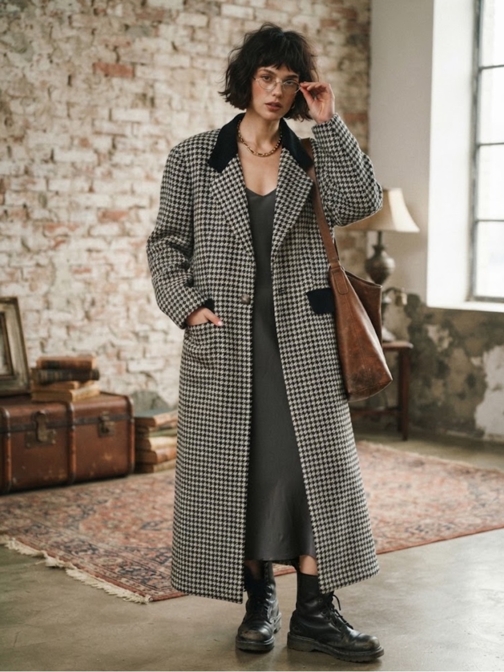 Design Todays Long Houndstooth 80’s Wool Blend Retro chic trench Coat Size 2X